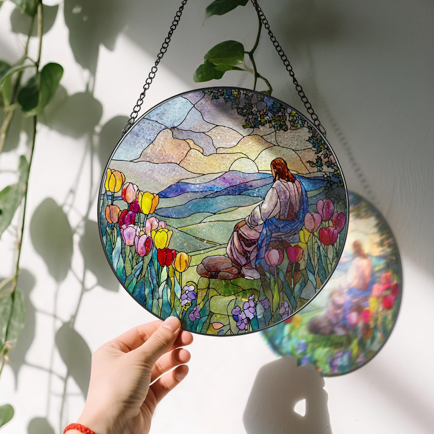 Stained Glass Suncatcher, Jesus and Sunrise Sun Catcher Ornament; Stained Glass Window Hanging, Christmas Ornament, Christian Home Decor; Baptism Gift, Christian Gifts, Religious Gifts