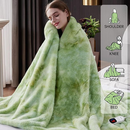 Guohaoi Heated Blanket Electric Throw, Soft Faux Rabbit Fur Electric Blanket with 10 Heating Levels 5 Sitting Timer Auto Off, Cozy Warm Heating Blankets, Machine Washable(50"×60" Light Green)