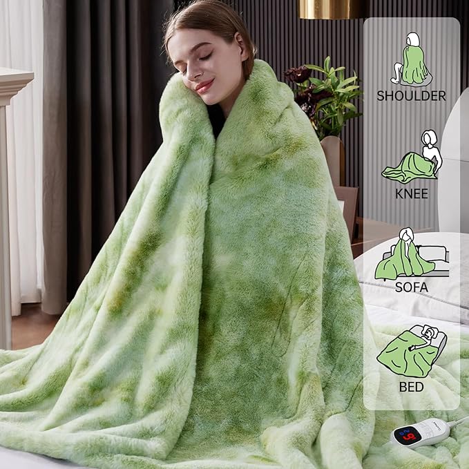 Guohaoi Heated Blanket Electric Throw, Soft Faux Rabbit Fur Electric Blanket with 10 Heating Levels 5 Sitting Timer Auto Off, Cozy Warm Heating Blankets, Machine Washable(62"×84" Light Green)
