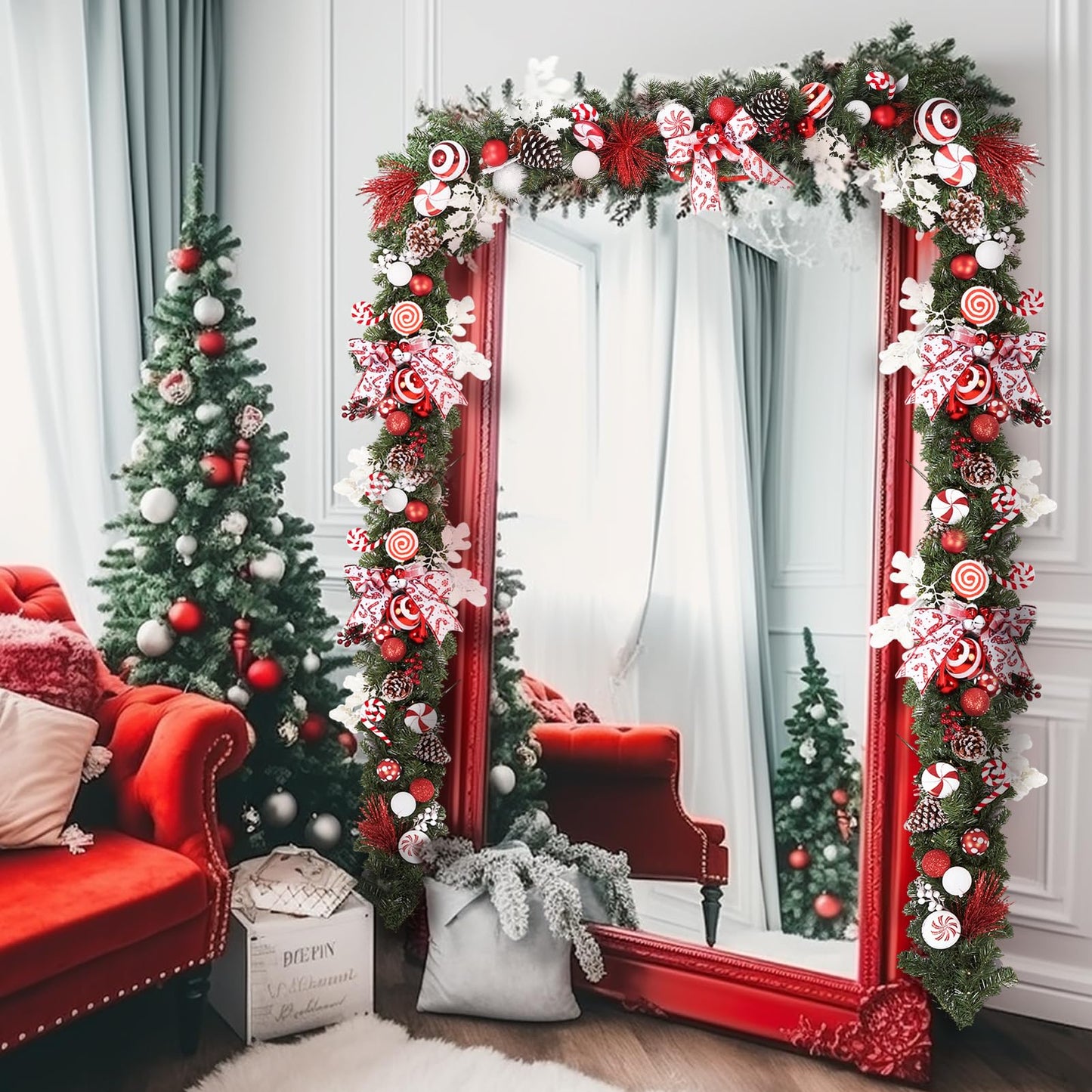 WBHome Pre-lit 9 Feet/106 Inch Christmas Garland Candy Shop Red & White Themed with 50 LED Lights Holiday Decorations, Battery Operated (Batteries NOT Included)