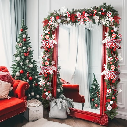 WBHome Pre-lit 9 Feet/106 Inch Christmas Garland Candy Shop Red & White Themed with 50 LED Lights Holiday Decorations, Battery Operated (Batteries NOT Included)