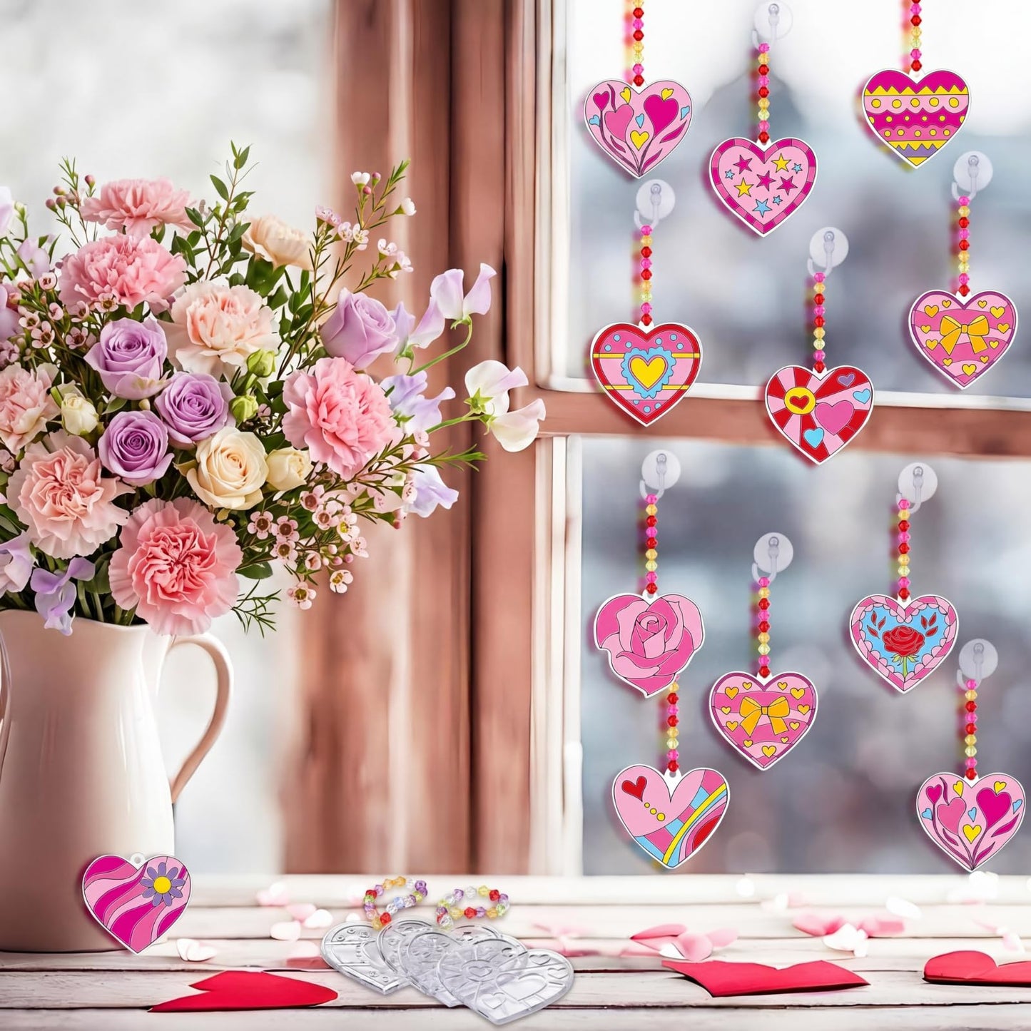 Beeveer 30 Sets Valentine's Day Suncatchers Craft Kits Heart Suncatcher Ornaments DIY Window Paint Art Sun Catchers for Valentines Adults Art Project Party Favors Gift (Heart)