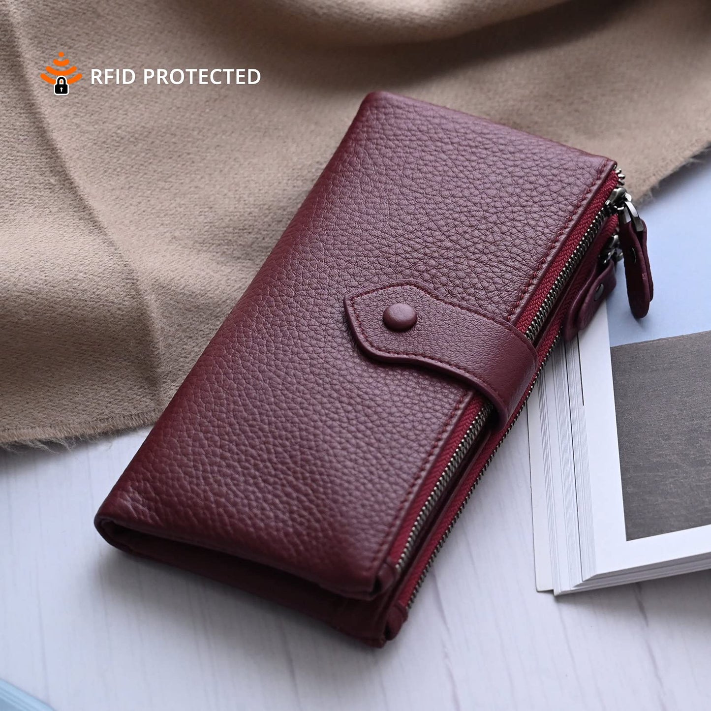 Bveyzi Women Soft Leather RFID Blocking Bifold Slim Wallets Ladies Credit Card Holder Double Zipper Pocket (Wine Red)