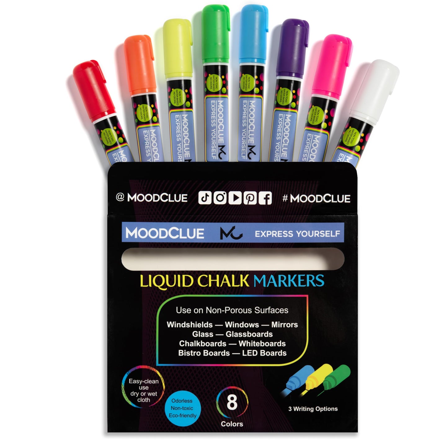 10mm JUMBO Tip Liquid Chalk Drawing Markers for Car Windows, Auto Windshields, Mirrors, White Boards, Retail + Restaurant Signs. Erasable Chalk Markers – Washable – Neon 8pck - 3 writing options