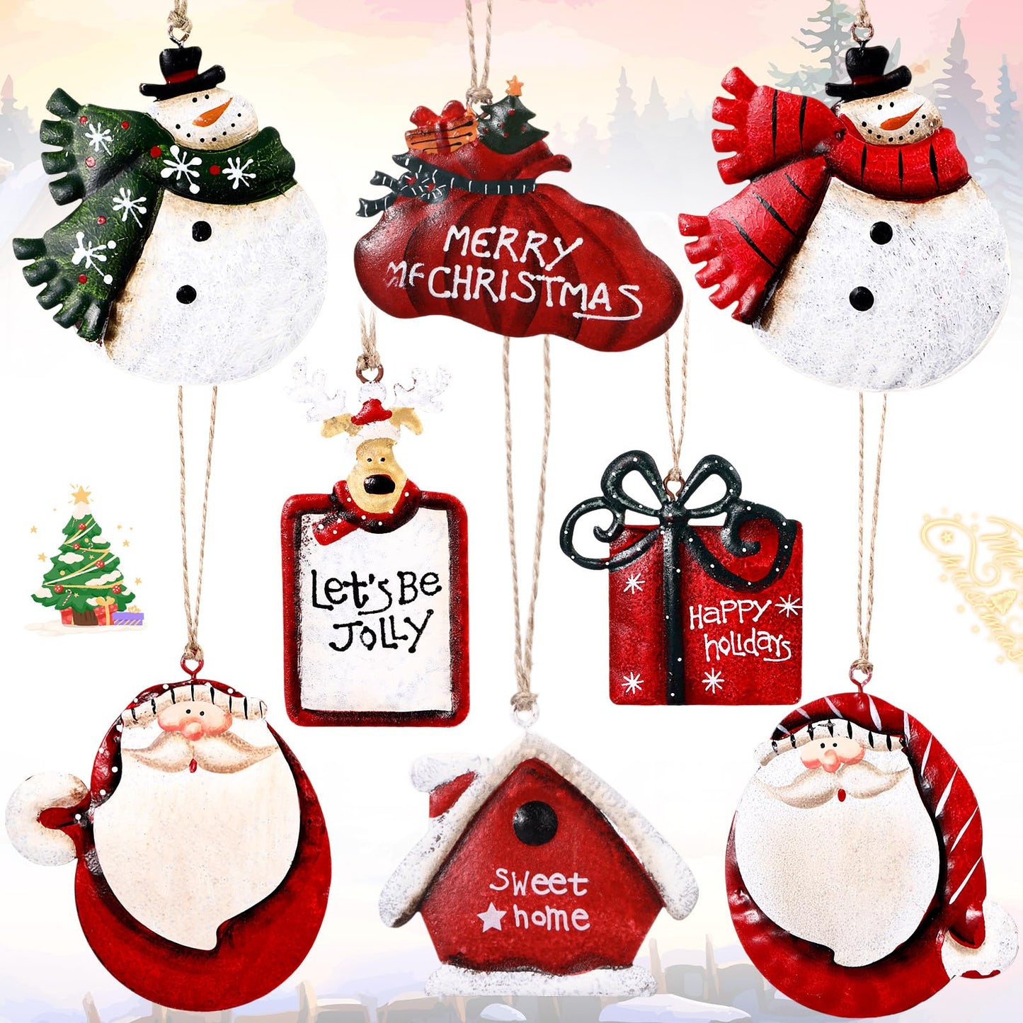 WILLBOND 8 Pieces Christmas Tin Metal Ornaments Tin Santa Claus Decorations Snowman Reindeer Christmas Ornaments for Holiday Celebrations Home Themed Party Decoration