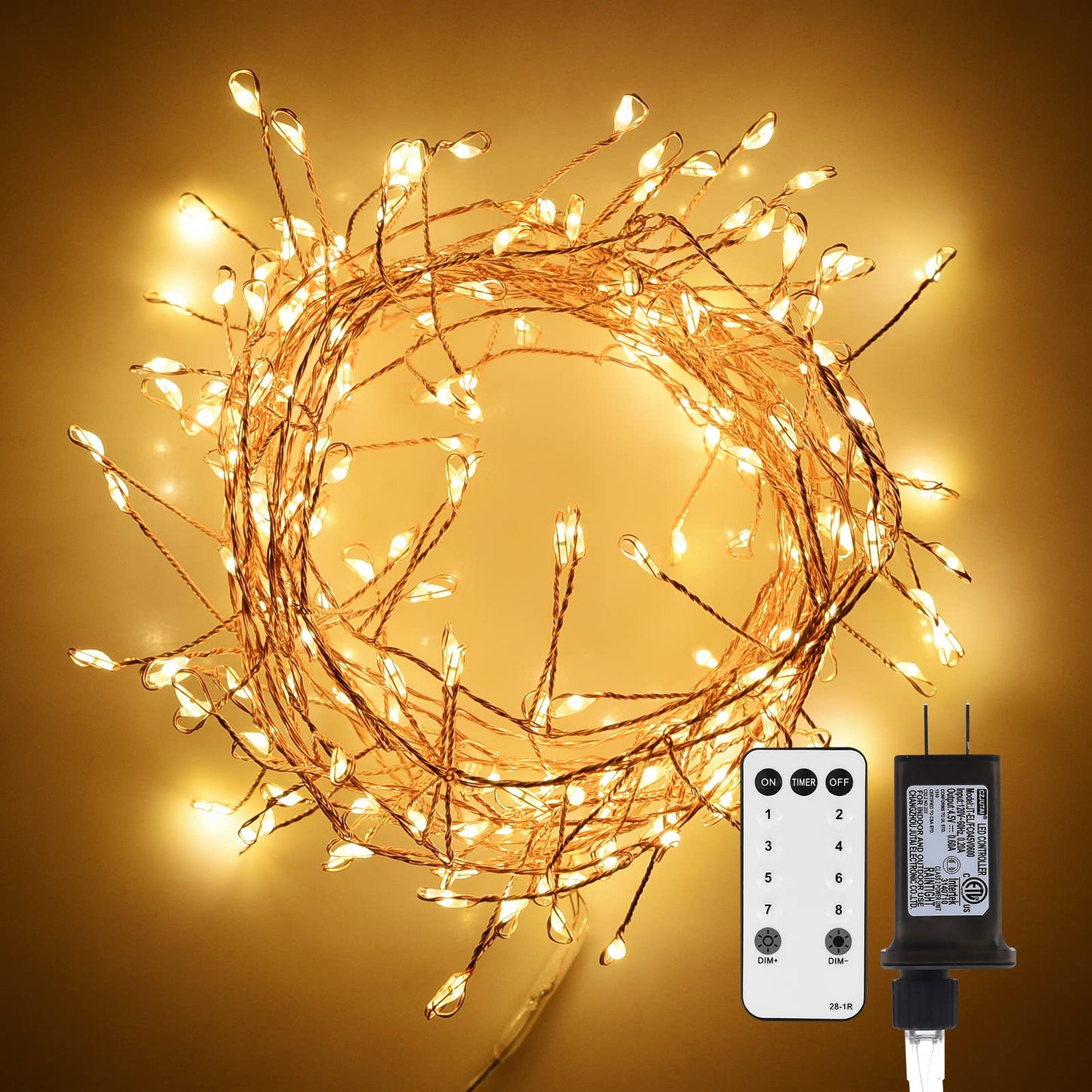 Dailyart Fairy Lights Plug in, 200 Led Twinkle String Light with Remote 10Ft 8 Modes Warm Cluster Lights with Timer for Bedroom Wreath Party Window Wedding Christmas Tree Decoration Gold Wire