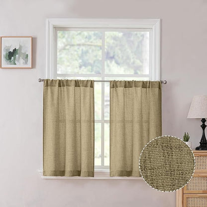 Tollpiz Linen Tier Curtain Rod Pocket Semi Sheer Half Kitchen Curtains Burlap Light Filtering Thick Linen Drape for Bathroom, 30 x 36 inches Long, Taupe, Set of 2 Panels