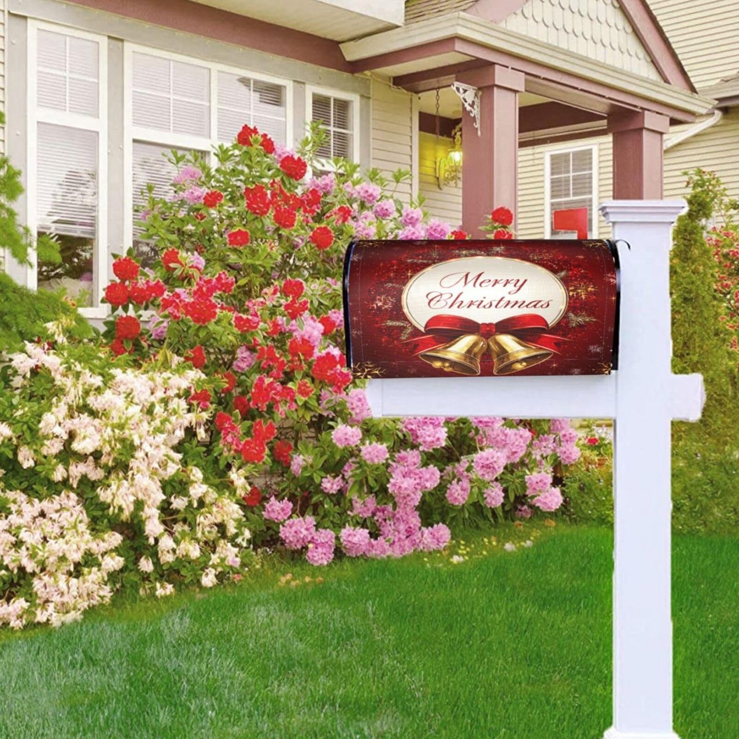 Festive Magnetic Mailbox Cover Red Christmas Bell Pattern Outdoor Mailbox Protector Holiday Seasonal Decorative Garden Yard Home Large Size 25.5 x 21 Inch