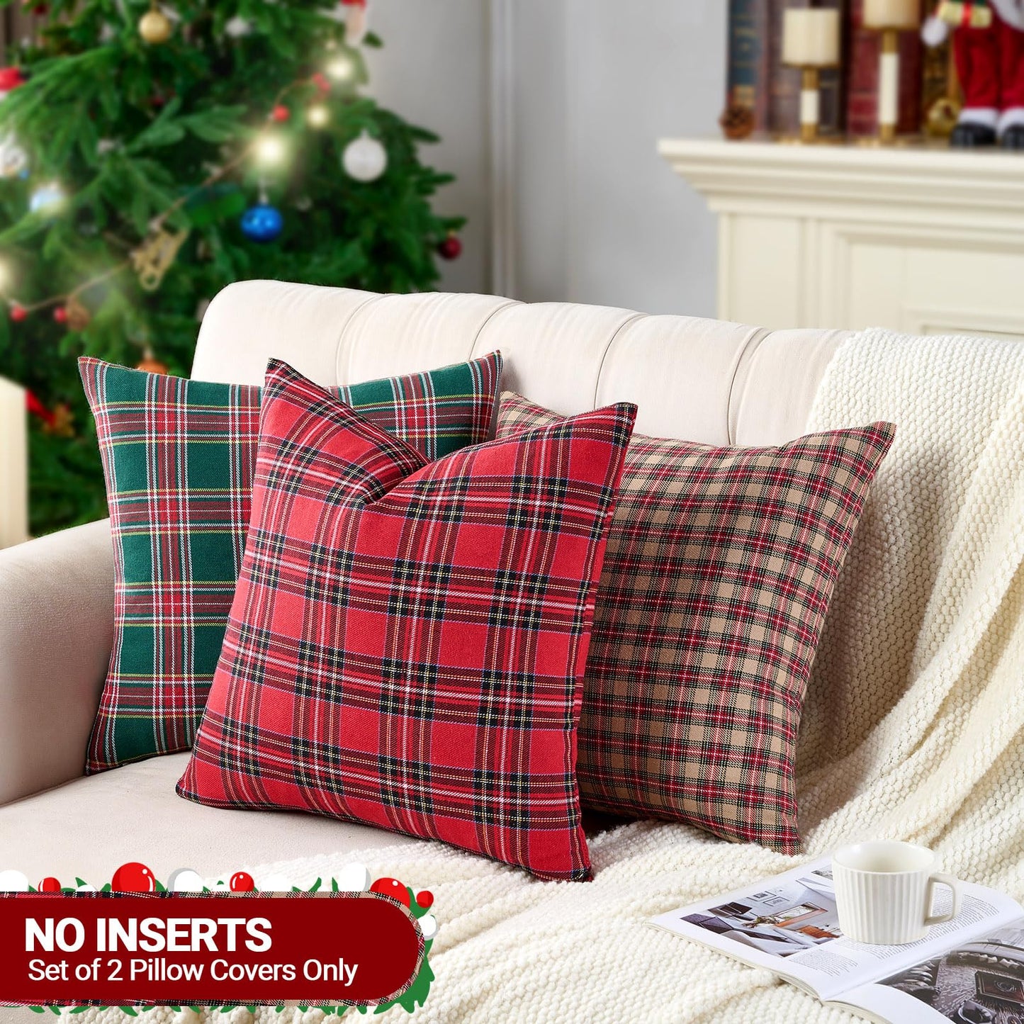Red Tartan Plaid Christmas Decorative Throw Pillow Covers 18x18 Set of 2, Red Plaid Christmas Decor Tartan Pillows for Couch Bed & Living Room, Retro Classic Xmas Decorations for Winter Holiday