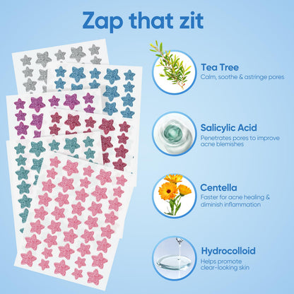 Pimple Patches for Face, Hydrocolloid Acne Patches, Cute Star Zit Covers, Colorful Spot Stickers with Tea Tree, Salicylic Acid & Cica Oil| 3 Sizes (10mm, 12mm & 14mm) |200 Count