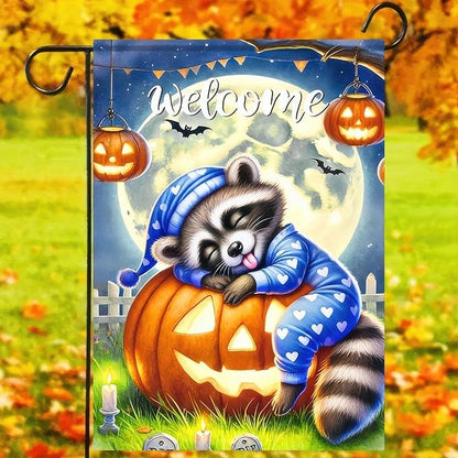Halloween Raccoon Jack O Lantern Garden Flag Double Sided, Halloween Holiday Decorative Yard Outdoor Home Small Decor, Fall Autumn Outside House Decoration 12 x 18 inch