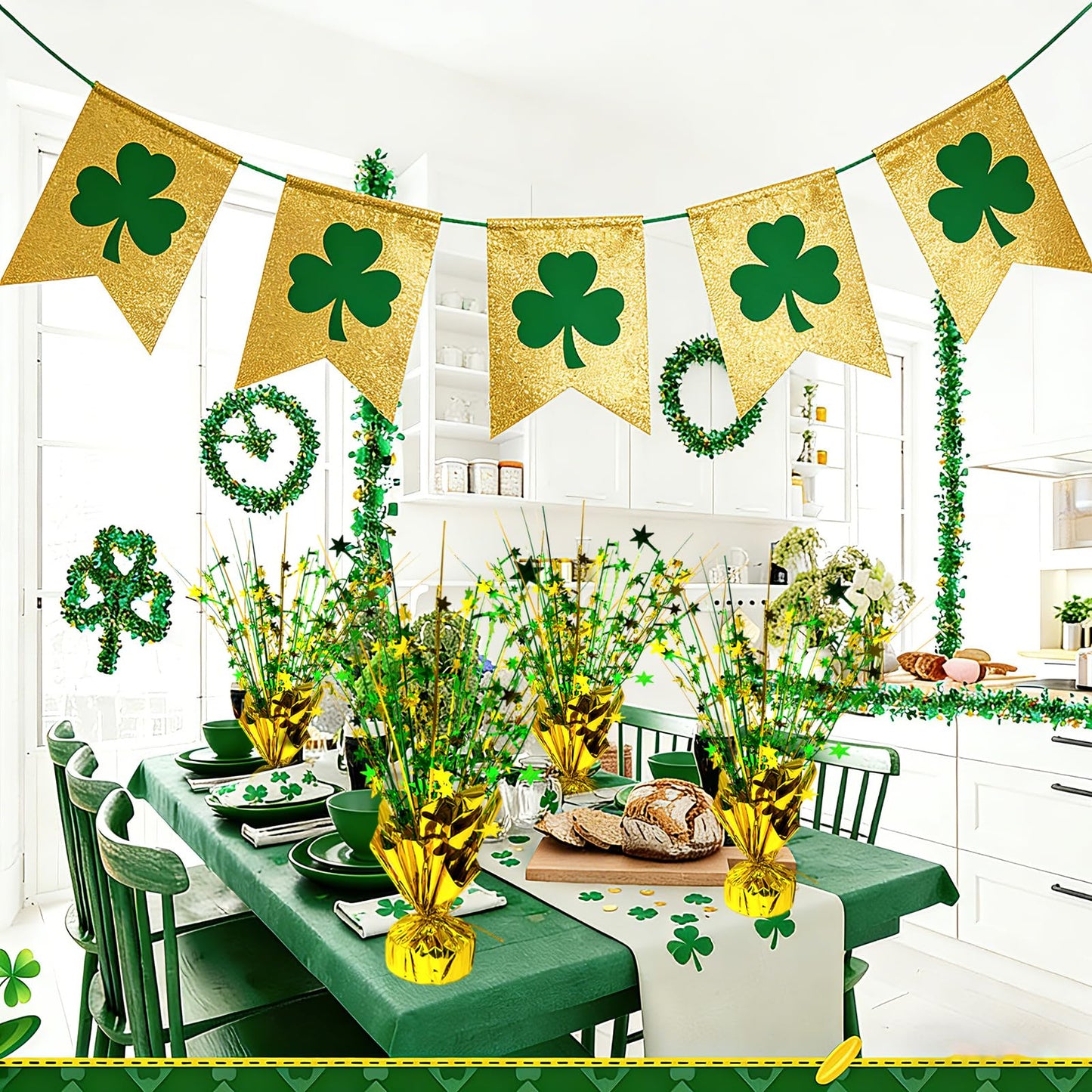 FUBININA 6 Pc St. Patrick's Day Party Decoration Metallic Foil Spray Centerpieces Star Burst Tabletop Decor for Irish St Patty's Day Jungle Animal Birthday Holiday Graduation Hawaiian Party Green Gold