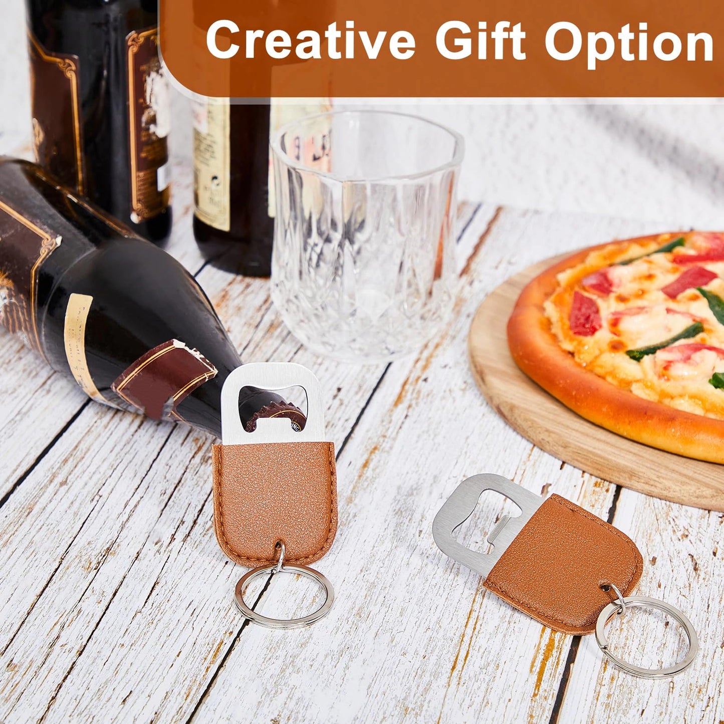 Maxcheck 24 Pcs Dye Leather Bottle Opener Keychain Sublimation Beer Steel Bottle Opener PU Leather Keychain for Gift (Brown)