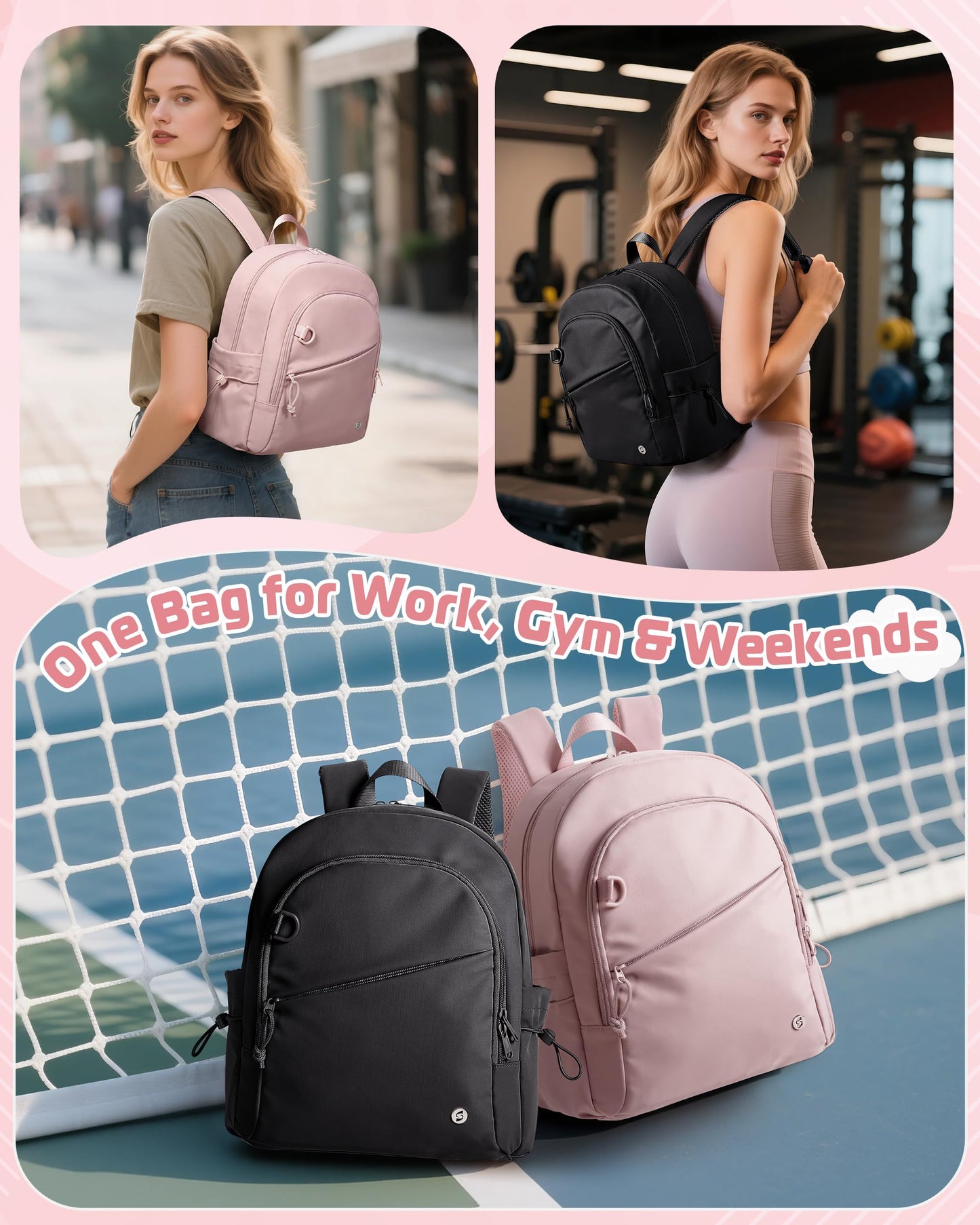 Smasrob Women Mini Backpack with Wet Pocket and RFID Blocking Pocket, Small Backpack Purse for Gym, Work, College or Travel, Pink