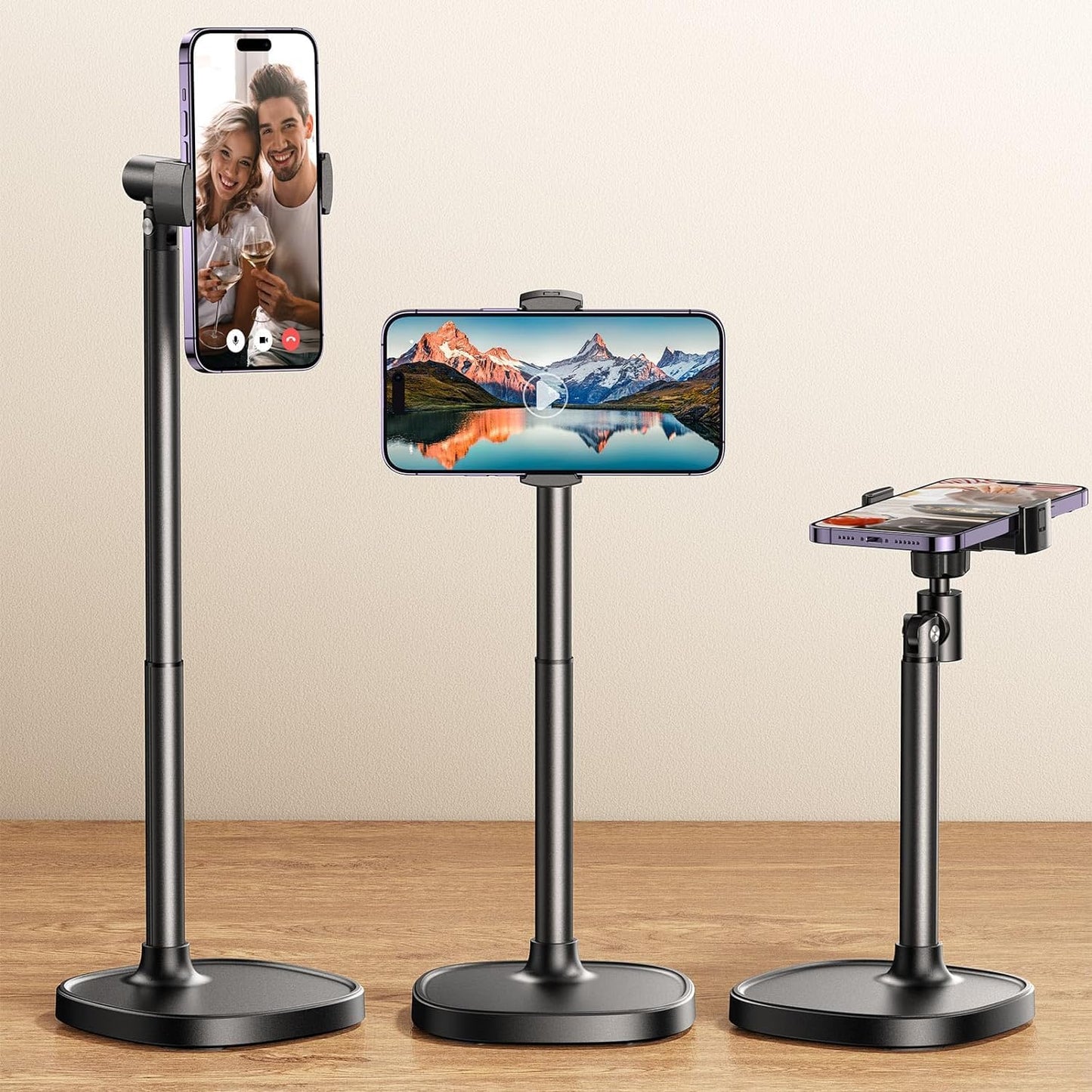 DIMONCOAT Phone Stand for Desk, Angle Height Adjustable Phone Holder for Desk, Aluminum Alloy Universal iPhone Holder, Retractable Cell Phone Stand Recording Office for iPhone 17 16 15 Pro Max S26