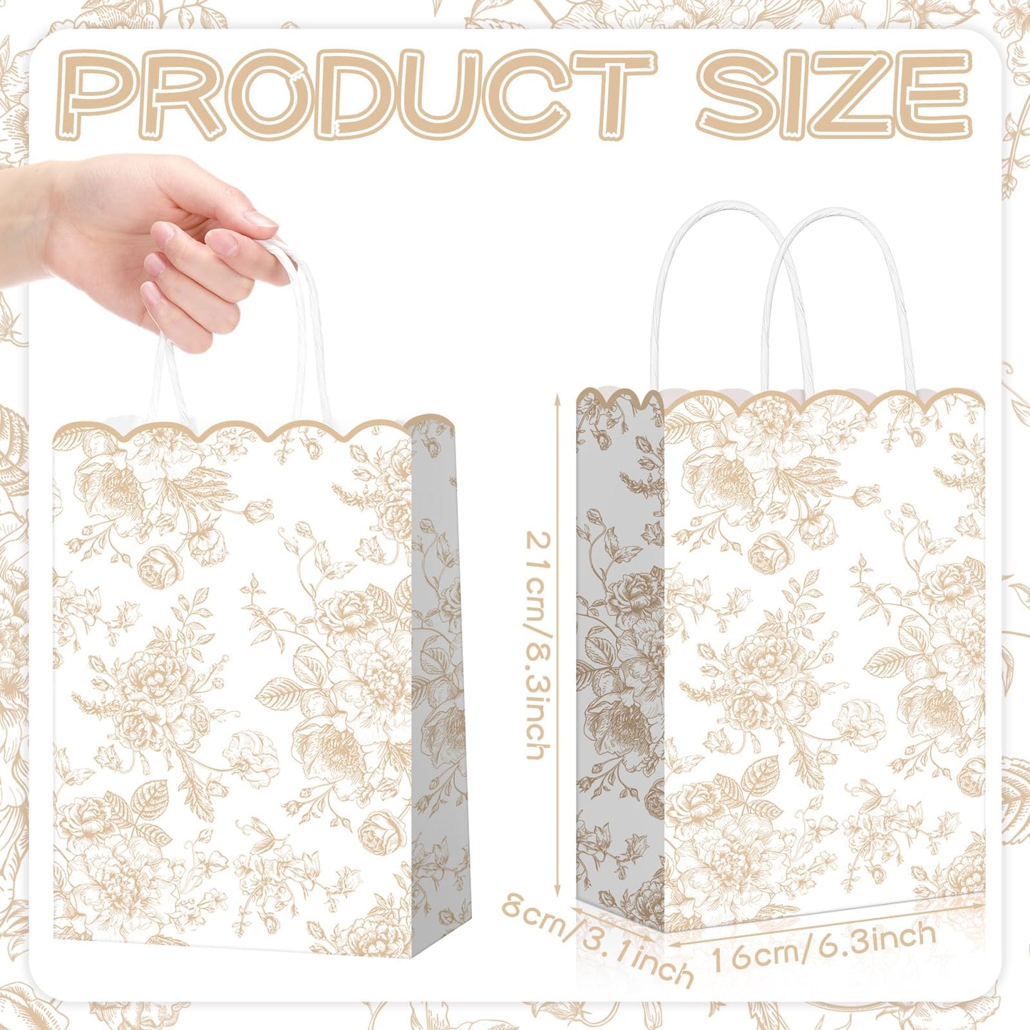 Kolldenn 24 Pcs Beige Floral Party Favor Bags with Handles Scalloped Wildflower Goodie Candy Gift Treat Bags for Birthday Decoration for Bridal Baby Shower Party Supplies