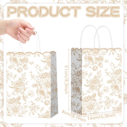 Kolldenn 24 Pcs Beige Floral Party Favor Bags with Handles Scalloped Wildflower Goodie Candy Gift Treat Bags for Birthday Decoration for Bridal Baby Shower Party Supplies