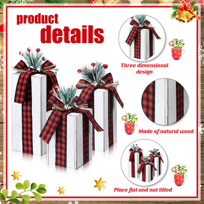 Amyhill 3 Pcs Christmas Wooden Gifts Box Decor Christmas Plaid Presents Table Centerpieces Rustic Wooden Gifts Tiered Tray Decor with Buffalo Plaid Bowknot for Xmas Party(Red,Classic)