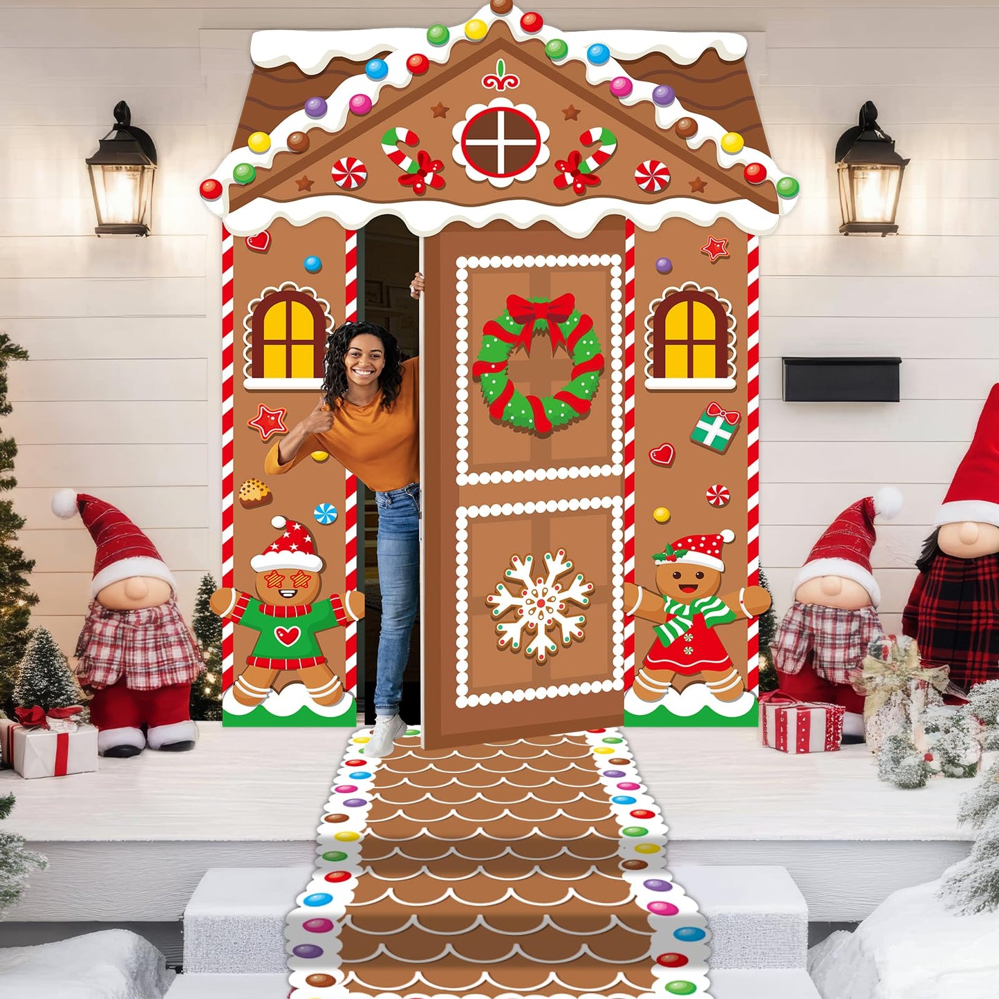 5 Pcs Christmas Gingerbread House Decorations Xmas Candy Gingerbread Door Cover Floor Runner Xmas Candy Hanging Banner Backdrop Christmas Porch Signs for Holiday Classroom Home Candyland Party Decor
