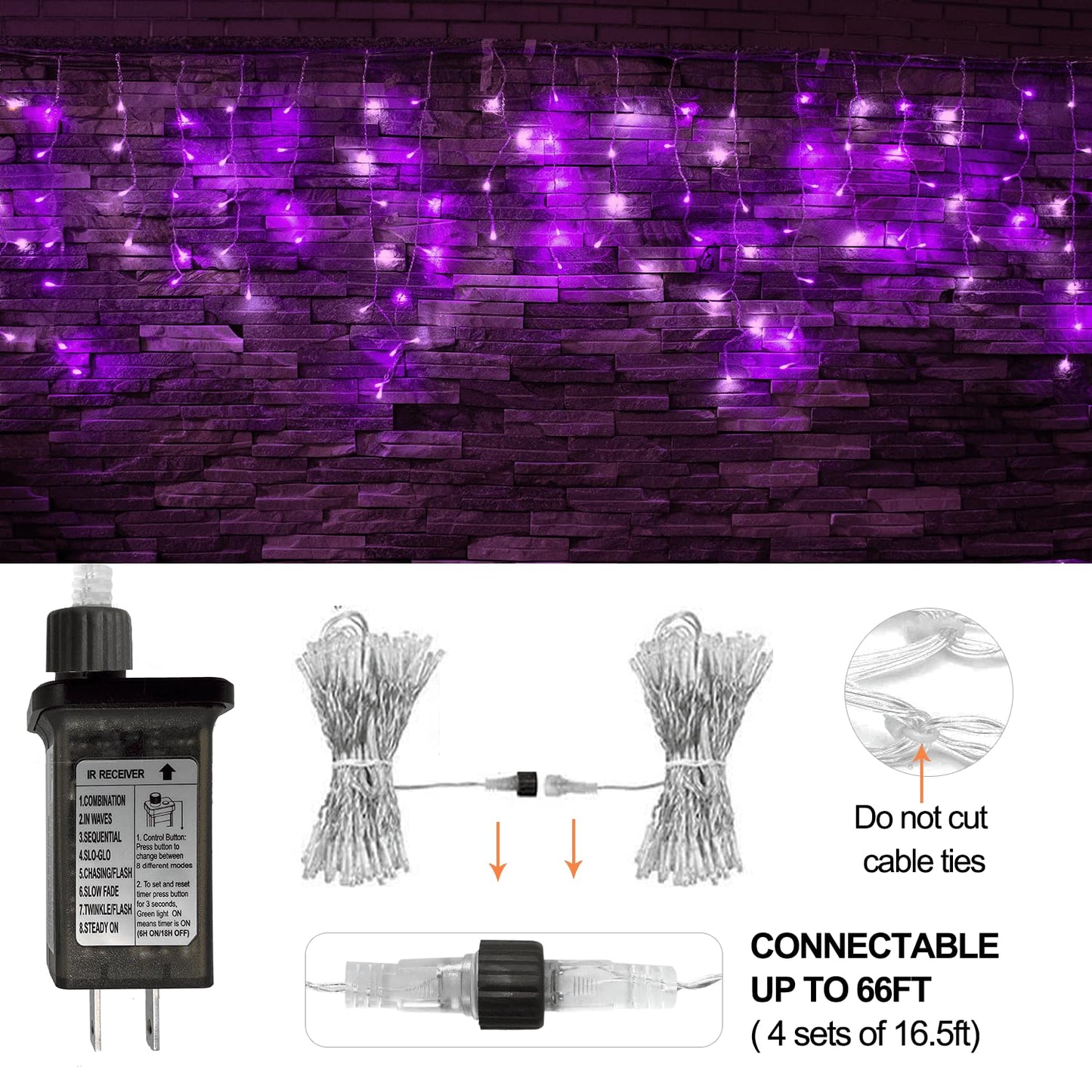 YOLIGHT 16.5ft 192 LED Halloween Icicle Lights Outdoor, Icicle Christmas Lights with Remote, 8 Modes Twinkle Curtain String Lights, Wedding Party Home Garden Roof Xmas Decoration(Purple)