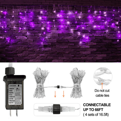 YOLIGHT 16.5ft 192 LED Halloween Icicle Lights Outdoor, Icicle Christmas Lights with Remote, 8 Modes Twinkle Curtain String Lights, Wedding Party Home Garden Roof Xmas Decoration(Purple)