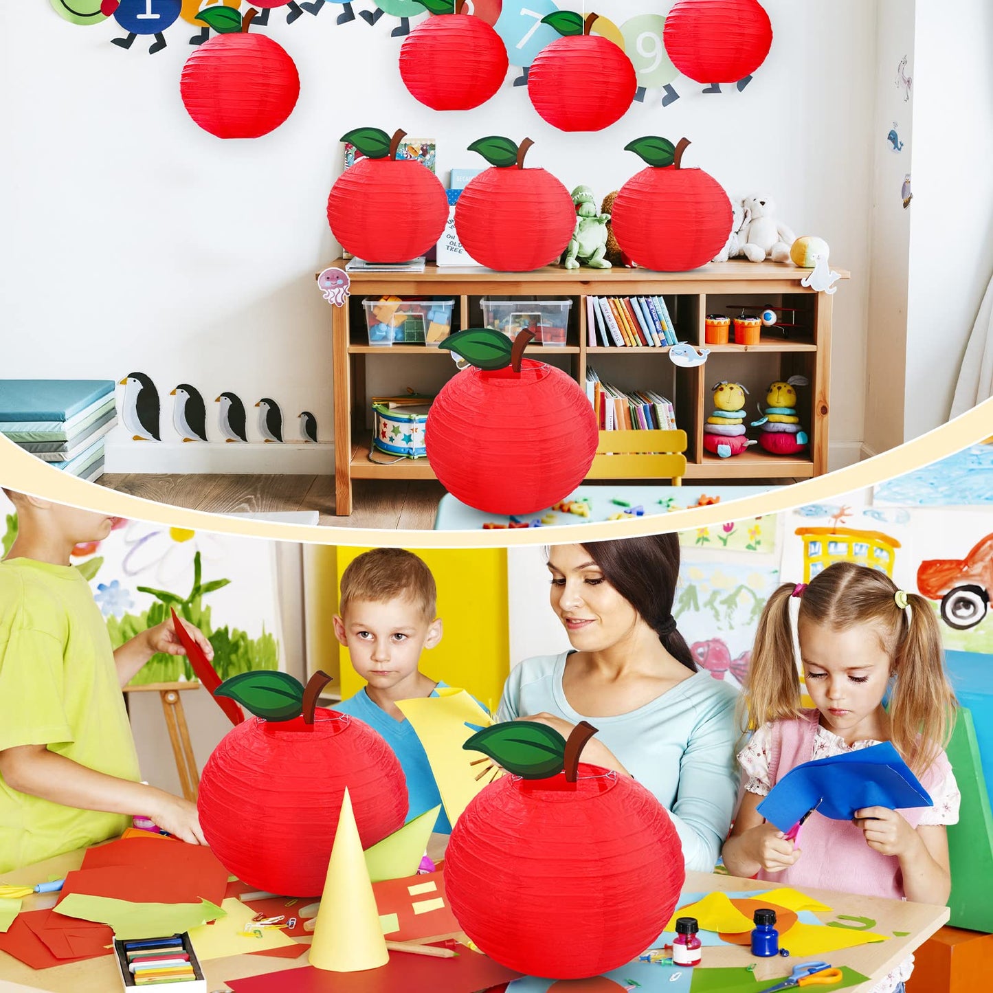 Retisee 12 Pcs 10 Inch Hanging Paper Lanterns Party Decorations Pastel Classroom Decor for Birthday Back to School Party Decoration for Classrooms Wedding Birthday Ceilings(Red,Apple)