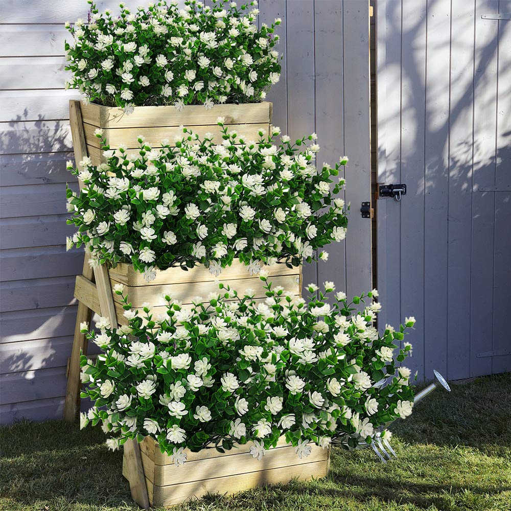 Grunyia 10 Bundles Artificial Fake Flowers, Faux Outdoor Plastic Plants UV Resistant Shrubs Outside Indoor Decorations (White-Eucalyptus)