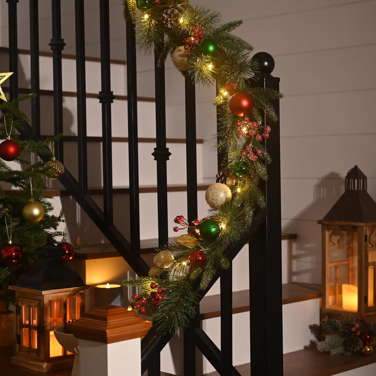 Valery Madelyn 6 Ft Pre-Lit Christmas Garland with Light for Mantle, Lighted Outdoor Xmas Garland with Red Green Gold Ball Norfolk Pine for Home Stairs Fireplace Table Centerpiece Indoor Holiday Decor