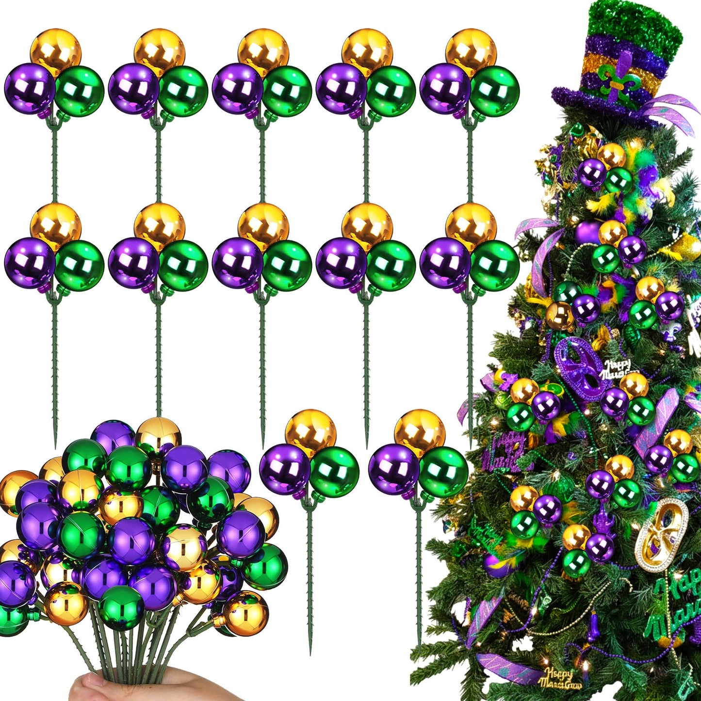 Syhood 12 Set 7.9 Inch Mardi Gras Ball Picks Shatterproof Purple Green and Gold Ball Ornaments on Wired Picks Glitter Carnival Glitter Stems for Mardi Gras Tree Vase DIY Decoration Supplies