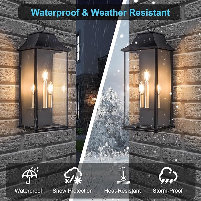 Dusk to Dawn Outdoor Wall Light 3-Light, 25.3" Large Outdoor Light Fixture, Black Exterior Wall Lantern, Waterproof Outside Wall Sconce for House Porch Patio