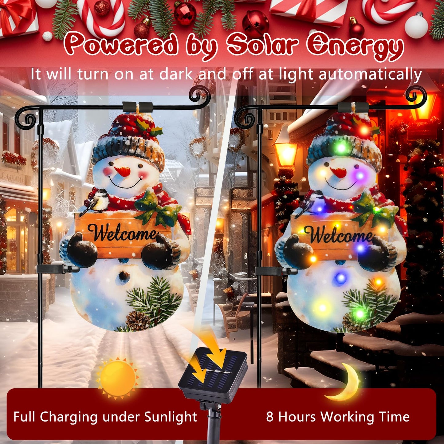 Lighted Christmas Garden Flag 22×13, 8 Modes Double Sided Solar Christmas Decorations Outdoor LED Navidad Flag, Yard Decorations for Xmas Patio Lawn Porch