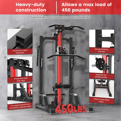 Pull Up Bar Power Tower Dip Station,Cable Machine-Integrated 450LBS Multi-Function Adjustable Height Fitness Strength Training Equipment for Home Gym Strength Training Equipment (Black Plus)