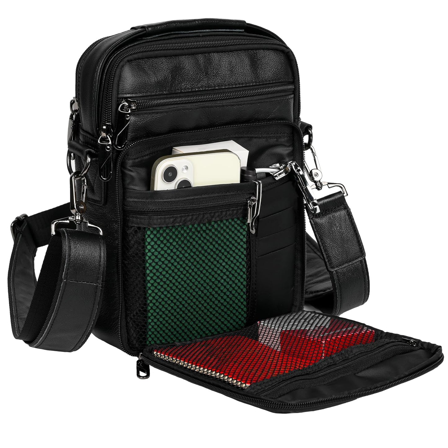 Ariscobull - Leather Small Messenger for Men - Women Shoulder Chest Travel Bag - Crossbody Bag (Black)