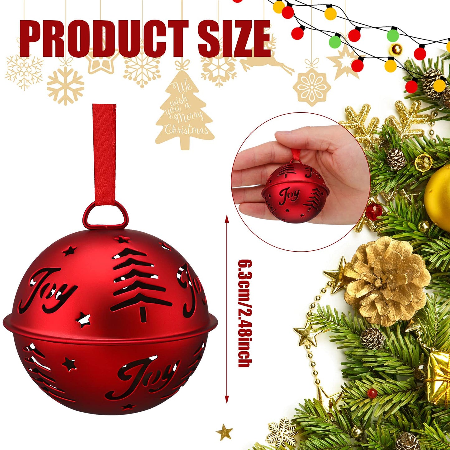 Hotop 6 Pieces Large Jingle Bell Christmas Joy Bell Metal Ornaments with Star Cutouts Sleigh Rustic Xmas Tree Wreath Garland Holiday Party DIY Decor(Red)