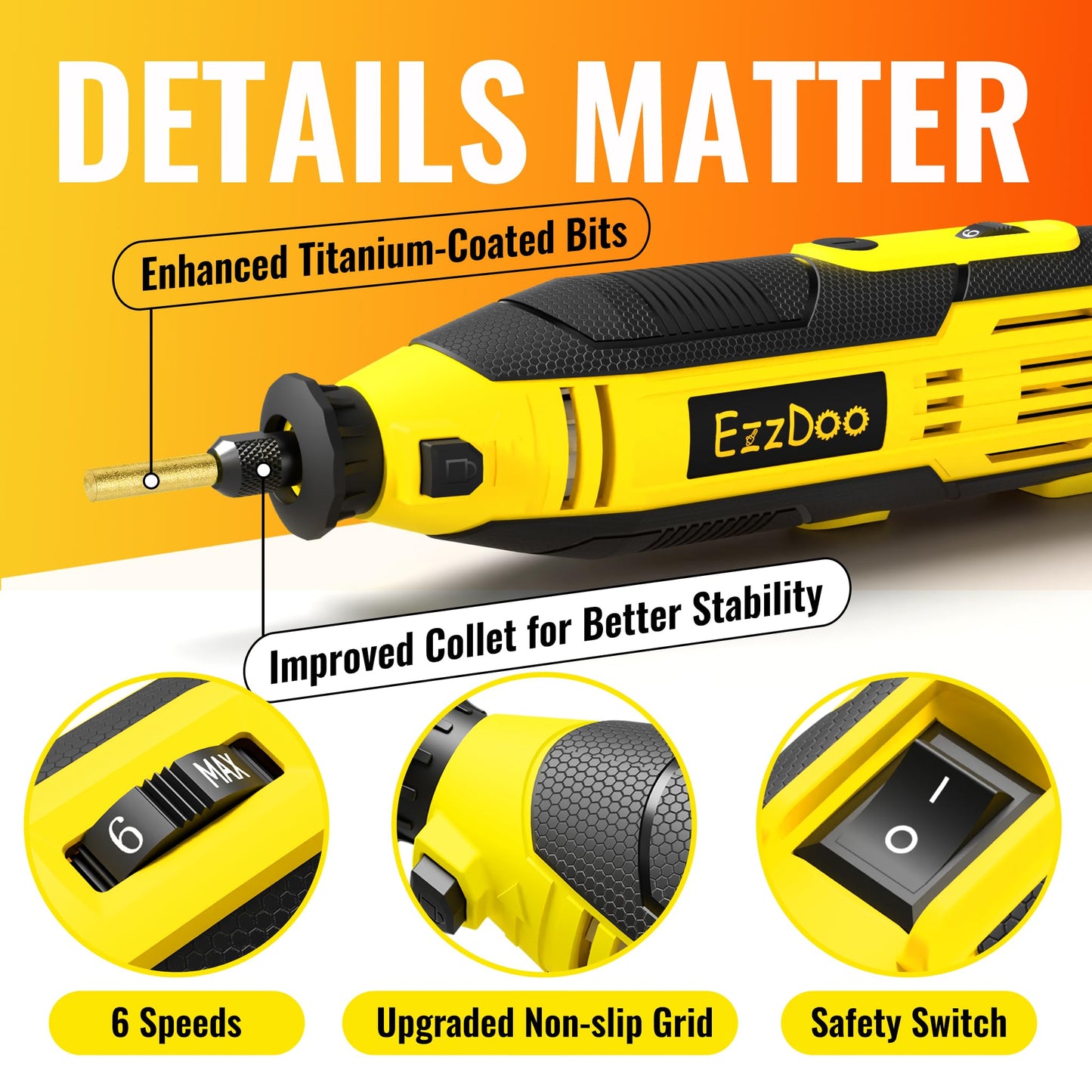 EzzDoo Electric Chainsaw Sharpener Kit with 6 Titanium-Coated Diamond Bits - Handheld Chain Saw Sharpener Tool for All Chains - No Removal Required, Easy and Fast Chainsaw Sharpening Kit