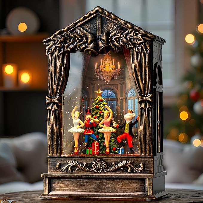 Christmas Snow Globe Lantern Water Glittering Nutcracker Ballet Theatre with Music & Timer, USB Lined/Battery Operated Lighted Lantern for Christmas Festival Decoration Gifts