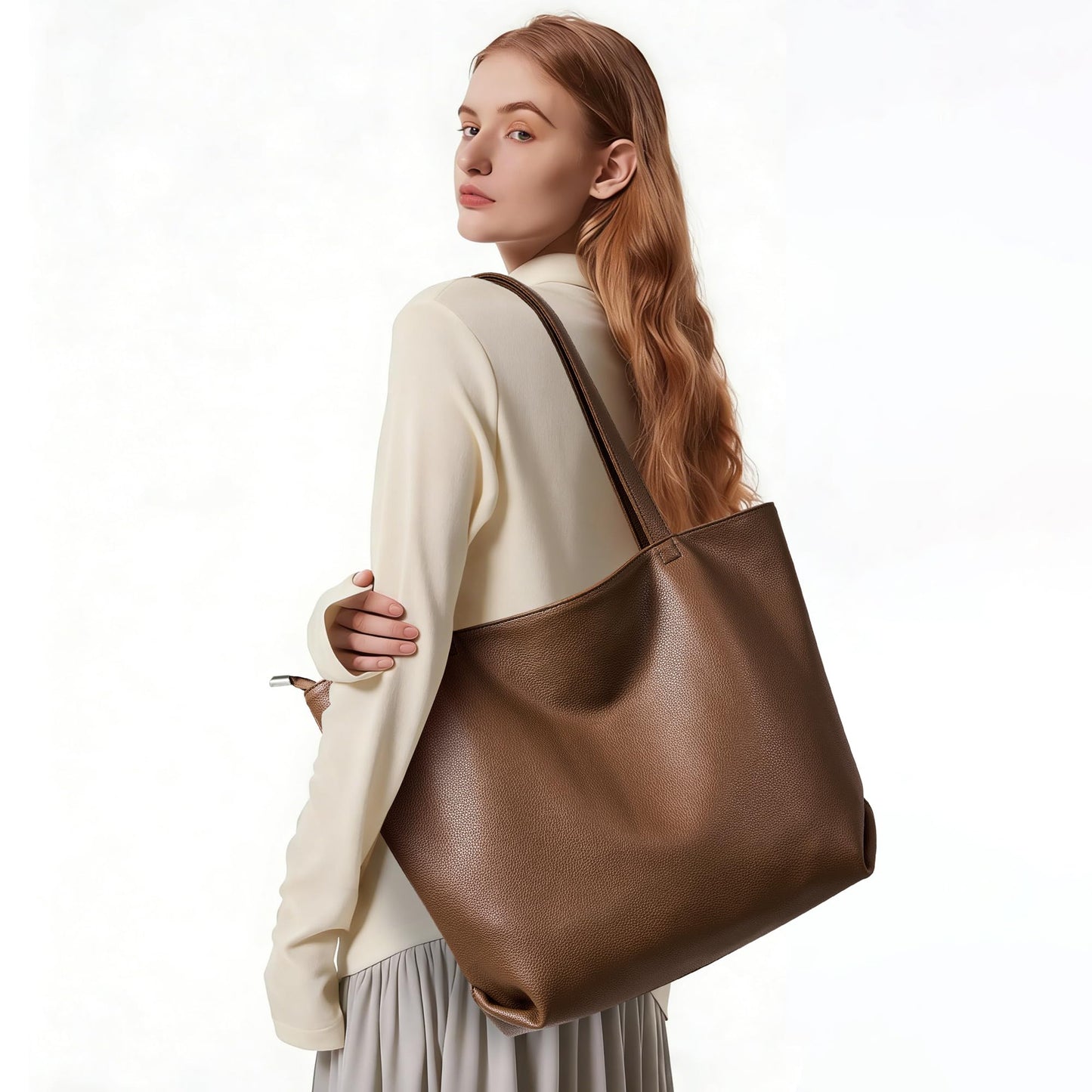 WLLWOO Soft Vegan Leather Tote Bag for Women Large Casual Hobo Handbags Zipper Shoulder Work Daily Weekender Travel Purse, Coffee