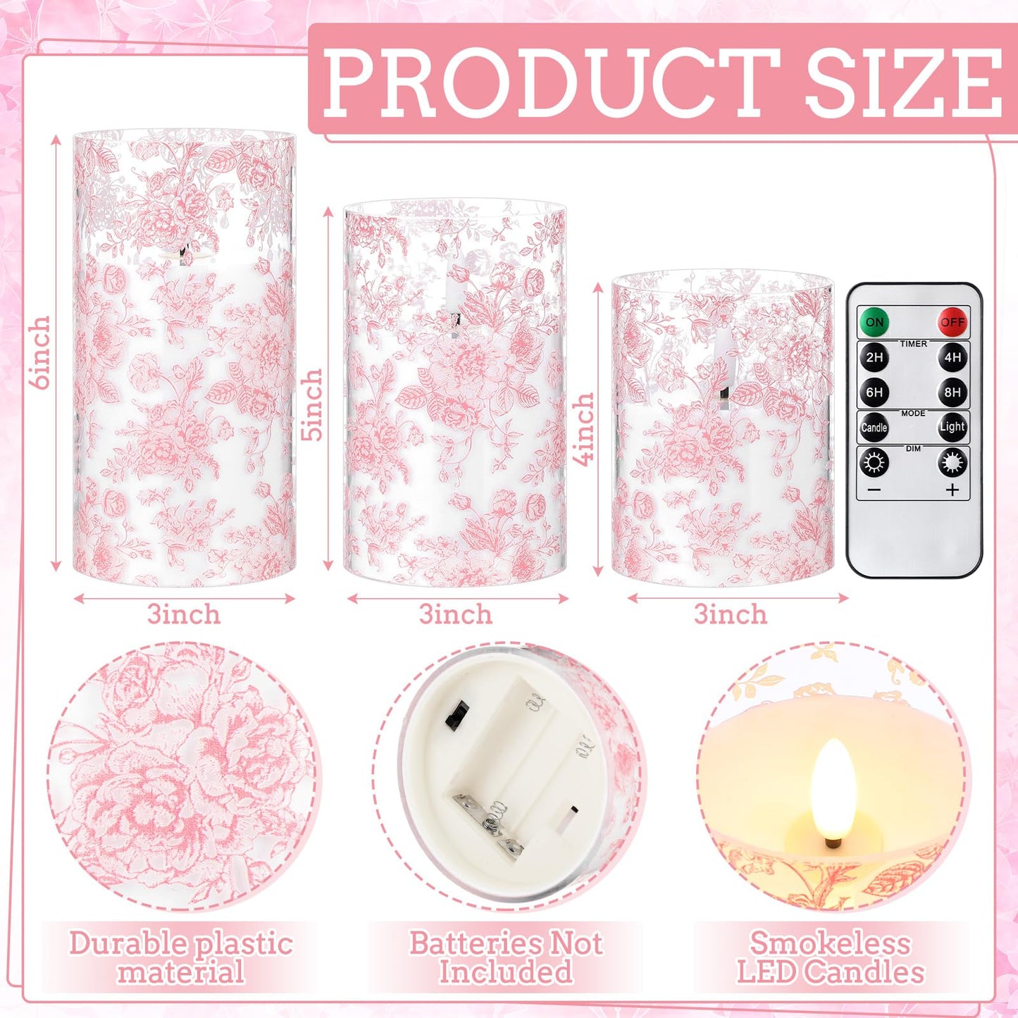 Lewtemi 3 Pcs Flameless Candles with Remote Pink Flower Flickering LED Candles Electric Pillar Candle for Wedding Dinner Christmas Holiday Decor (3 x 4" 5" 6" )