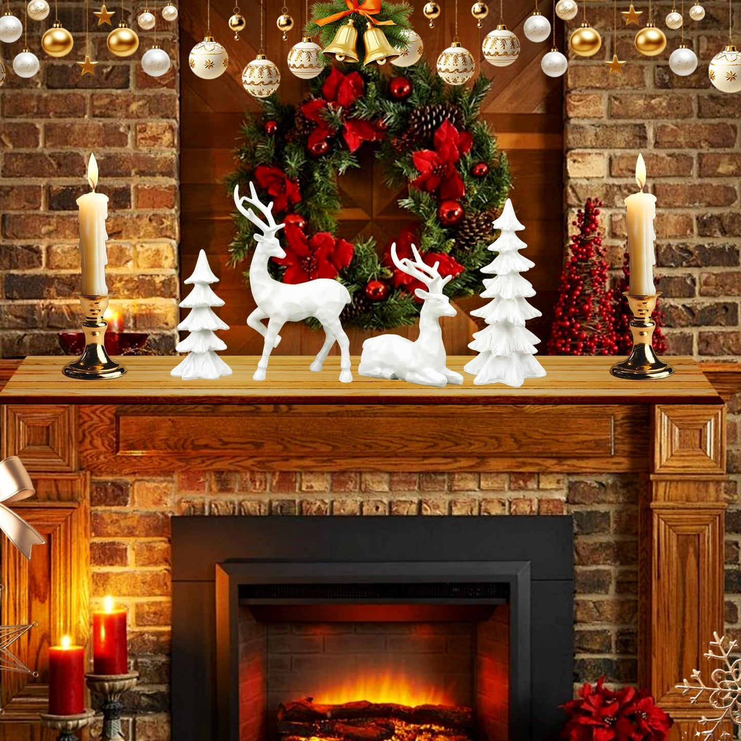 2 Pcs Christmas Tree Figurines and 2 Pcs Christmas Reindeer Figurines, White Tabletop Christmas Decorations Resin Christmas Tree and Elk Statues for Table Centerpieces Desk Shelf Fireplace Decor