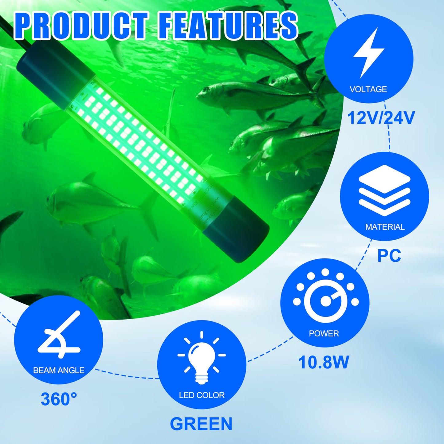 Underwater Fishing Light 1600 Lumens 10.8W 12/24V Submersible Fishing Bait Finder 180 LED Deep Drop Night Fishing Light with 20 FT Cord for Shrimp Squid Fish Crowds