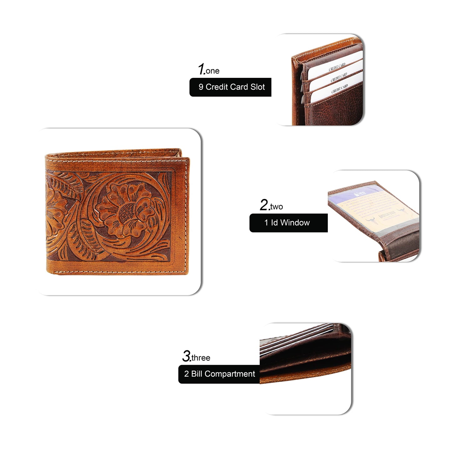 American Bison RFID Wallet for Men – Hand-Tooled Floral Cowhide Leather Bifold Wallet with Gift Box (Light Brown)
