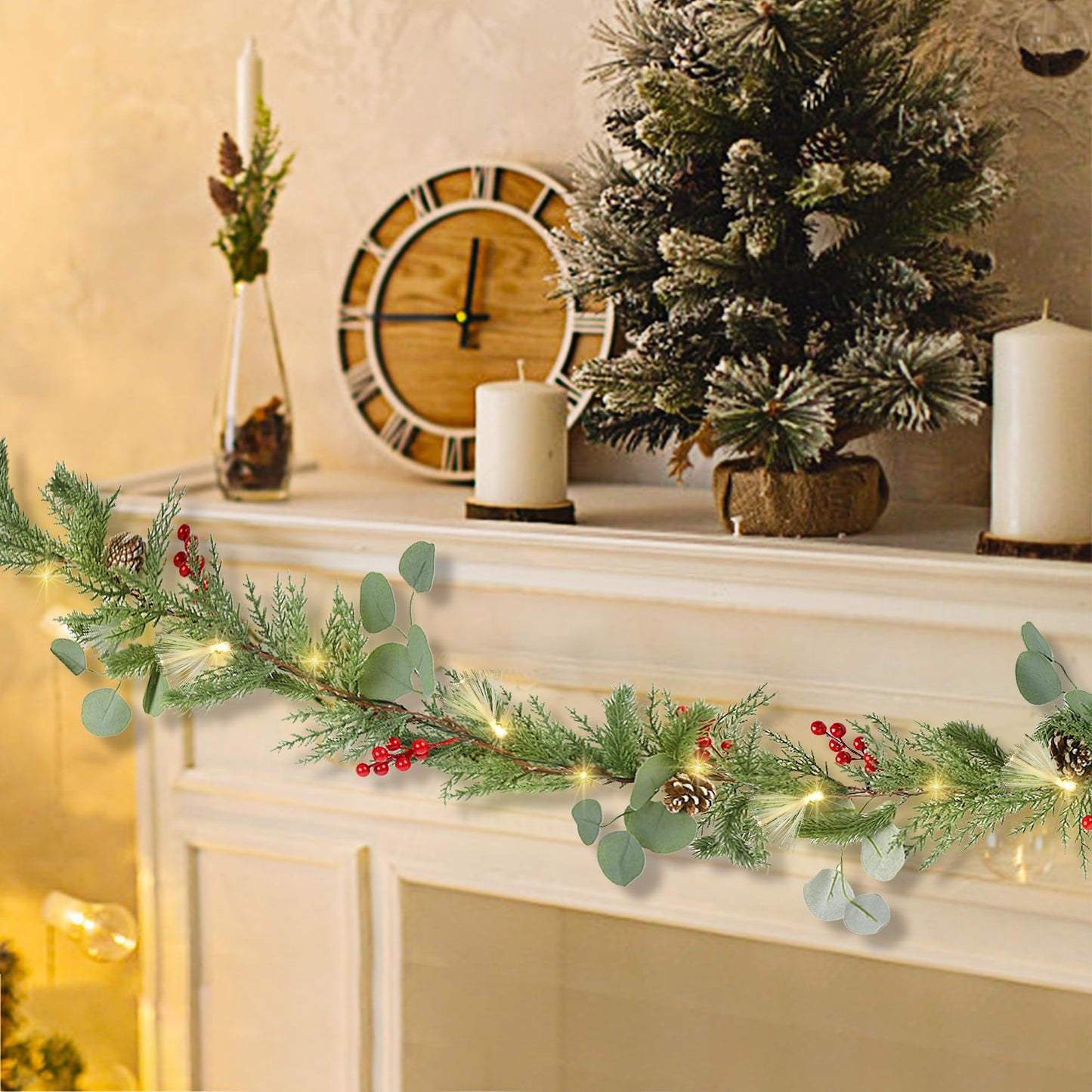 DR.DUDU Christmas Garland Decorations, 6FT Garlands with Lights Timer Indoor Decoration Pre-Lit Green Garland with Pine Cones Red Berry for Mantle Outdoor Fireplace Stairs Holiday Winter Decor