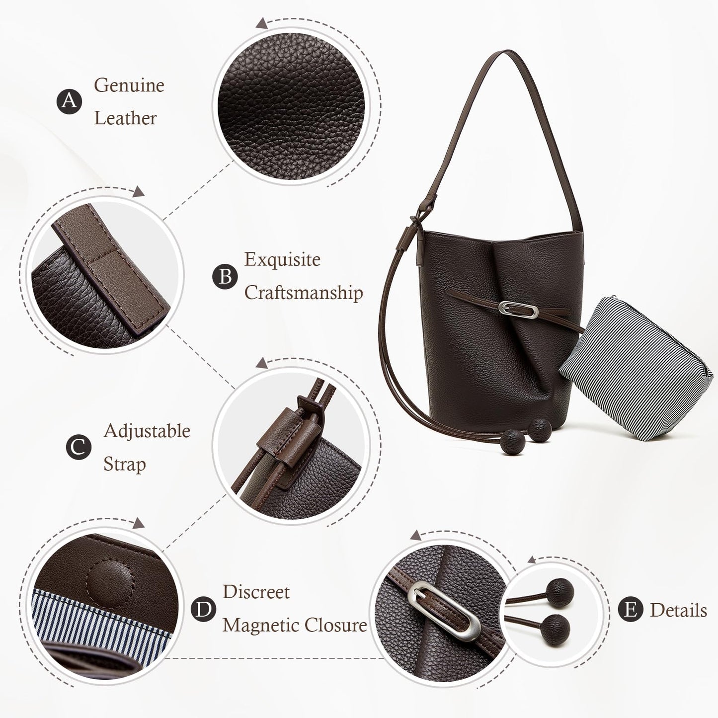 MoreFarther Genuine Leather Bucket Bag for Women, Adjustable Shoulder Bag for Work, Travel, Everyday Use (Chocolate Brown)
