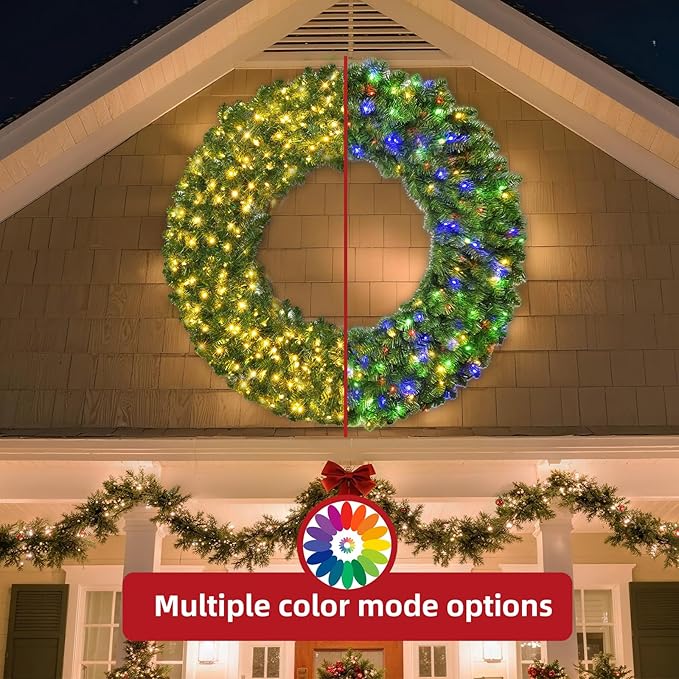 HOYECHI 72in Pre-Lit Christmas Wreath - with 360 Colorful LED Lights, 1160 PVC Tips, Timer, Remote & Hook, Large Outdoor Holiday Decor for Front Door, Wall, Garage, Power Plug-in