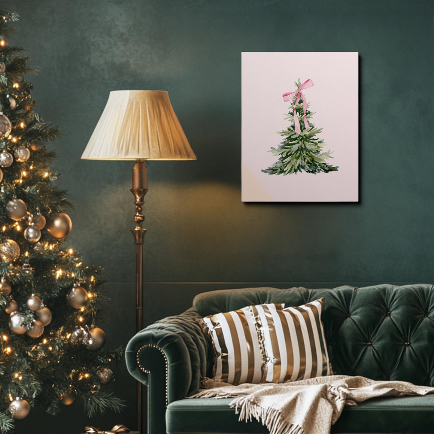 JWVK Ty-You-031 Prints Pink Coquette Bow Trendy Christmas Pine Tree Framed Wall Art Canvas Decor Decorations for Bedroom, Pink Christmas Signs Sign, 11x14