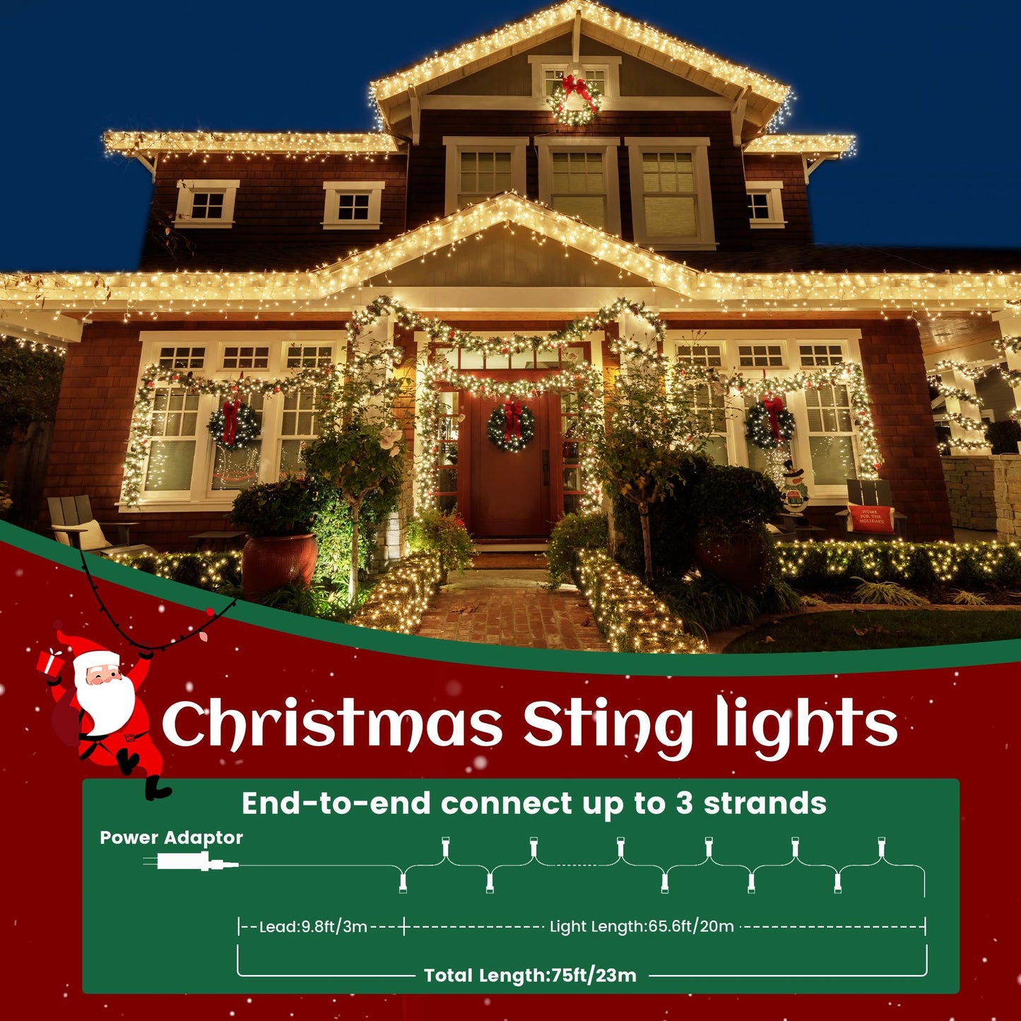 BANBANJO Christmas String Lights Indoor Outdoor Clear Wire,200LED 66FT Connectable Warm White Christmas Lights Outdoor for Bedroom 8 Mode, Twinkle Fairy Light Plug in for Home Wedding Yard Patio Decor