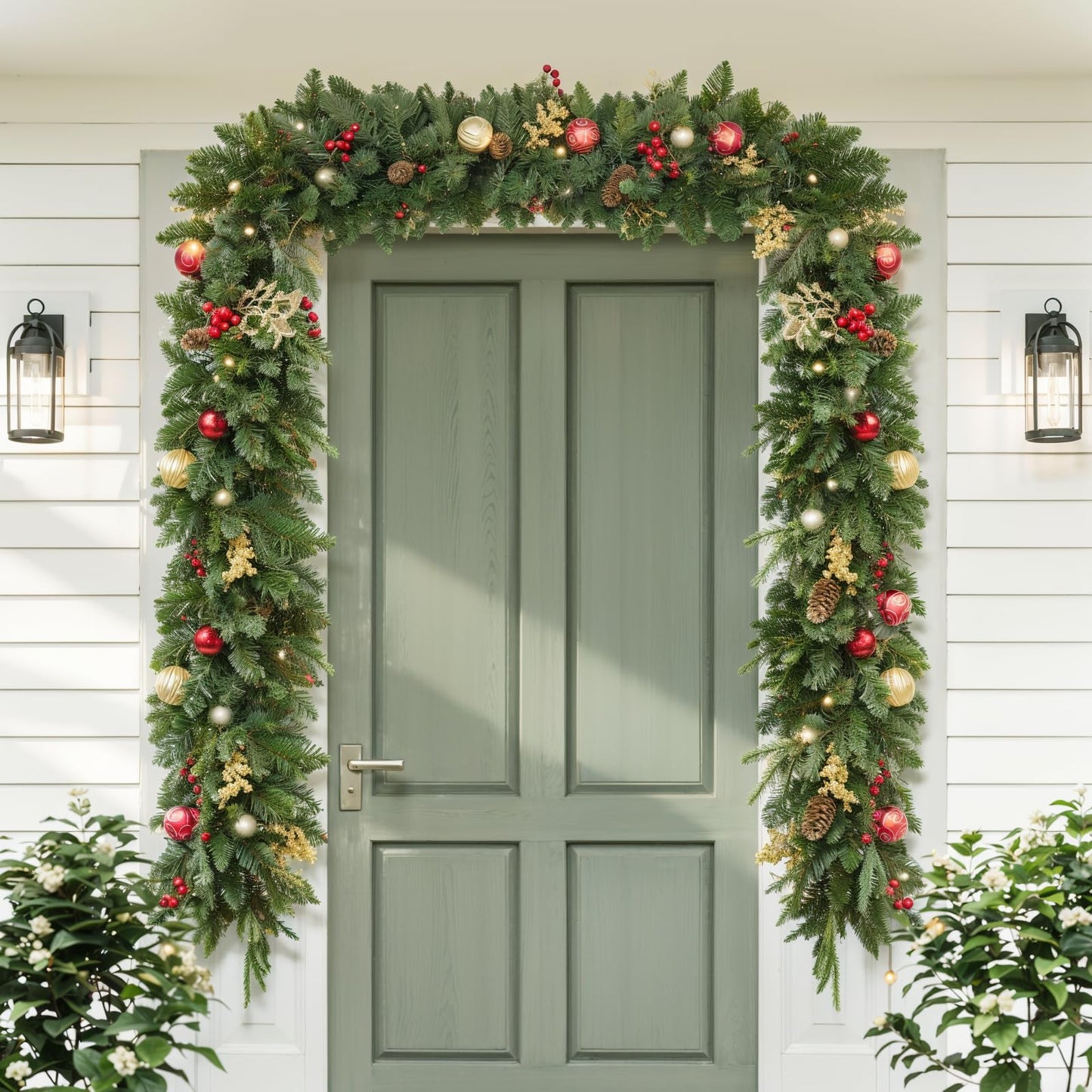 9FT Artificial Christmas Prelit Garland with 50 White Light, Pulg in, Pine Cones, Gold and Red Ball, Red Berris Mantle for Indoor Holiday Door Home Decorations Stairs Fireplaces Wall