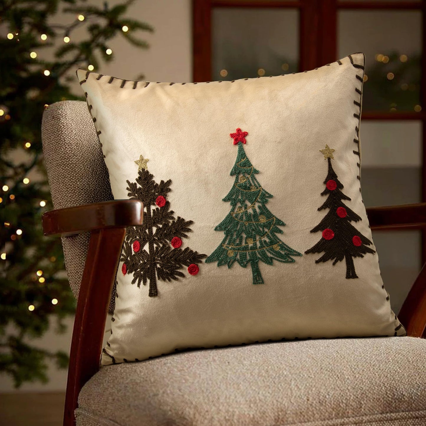 LOOPUINHOM Christmas Tree Pillow Covers 18x18 Inch Gold Embroidered Tree Throw Pillows for Holiday Decorations - Cushions for Couch, Sofa, Bed, Living Room, Bedroom