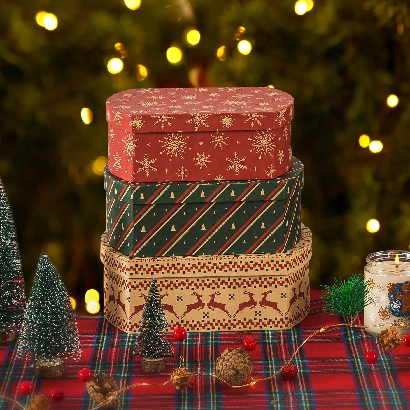 Soul & Lane Christmas Gift Boxes with Lids, Set of 3 Retro Kraft Holiday Decorative Boxes, Nesting Cardboard Festive Storage for Presents and Décor