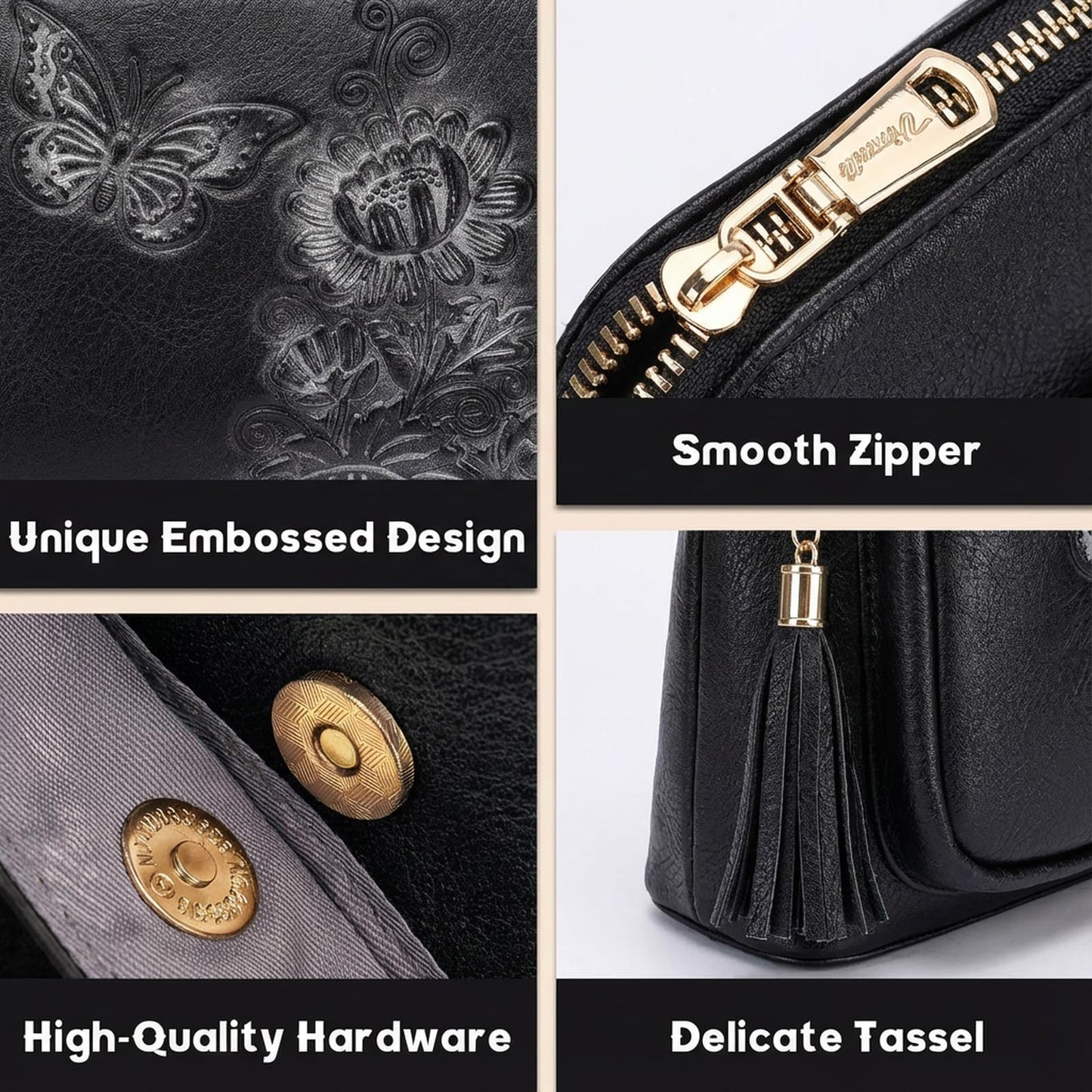 VIMUTI Crossbody Bags for Women Trendy, Lightweight Purses for Women Embossed Design Shoulder Handbags with Guitar Strap (Black)